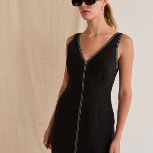 Amara Contrast Stitch V-Neck Linen Mini Dress