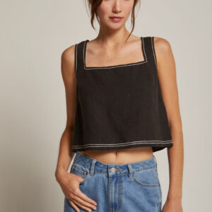 Taby Contrast Stitch Linen Top